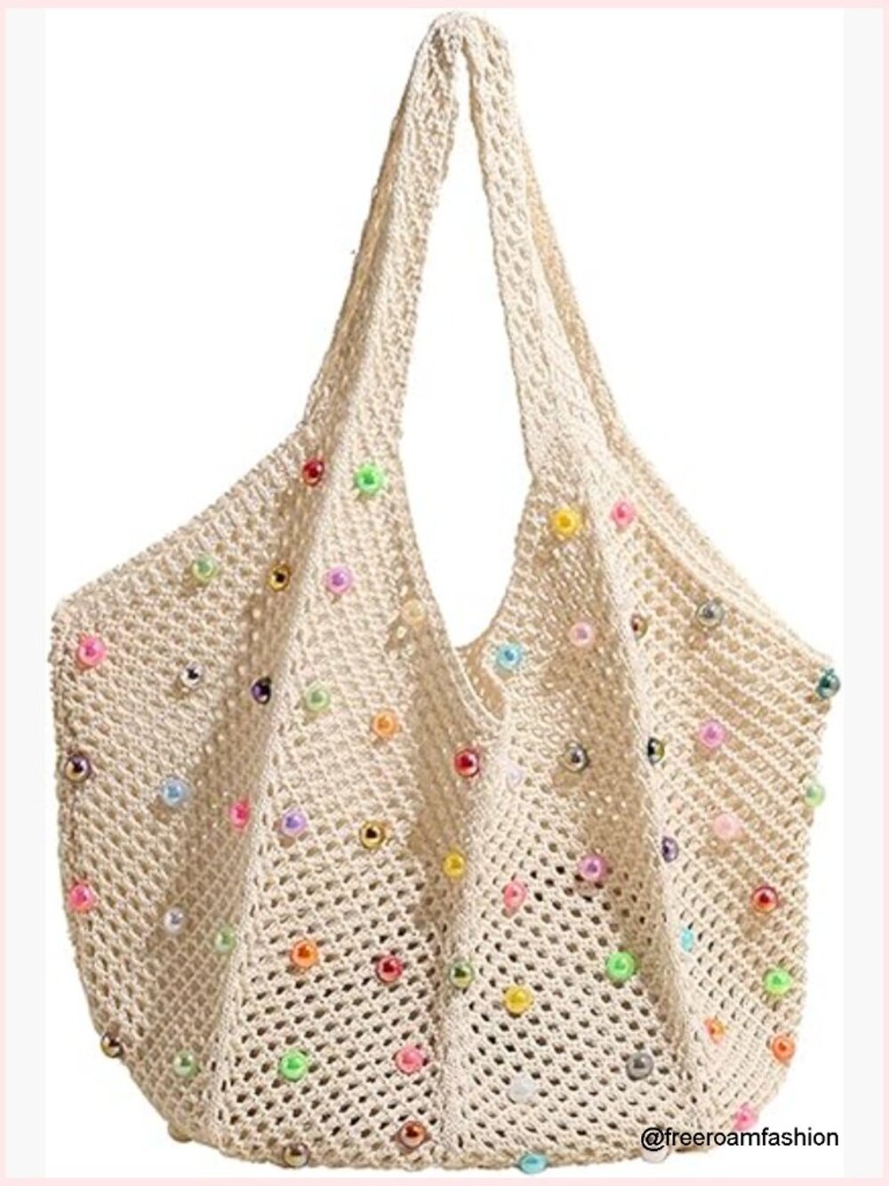 Boho Crochet Beach Tote Shoulder Bag with Beads